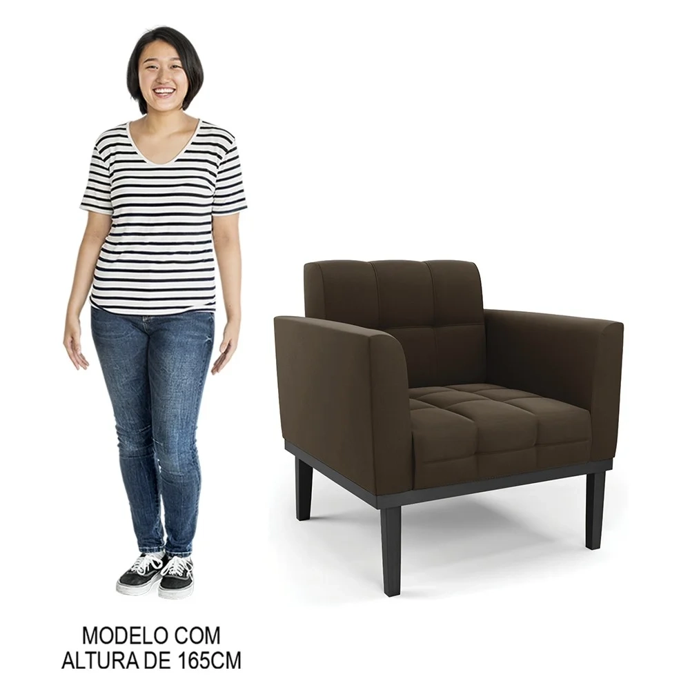 Sofá Namoradeira e 2 Poltronas Base Madeira Preto Ana Suede Marrom - Ibiza