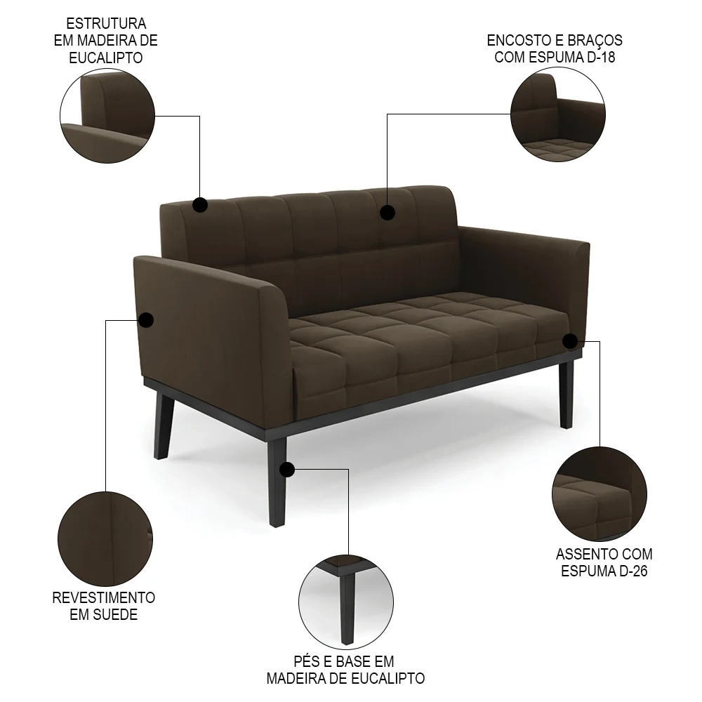 Sofá Namoradeira e 2 Poltronas Base Madeira Preto Ana Suede Marrom - Ibiza