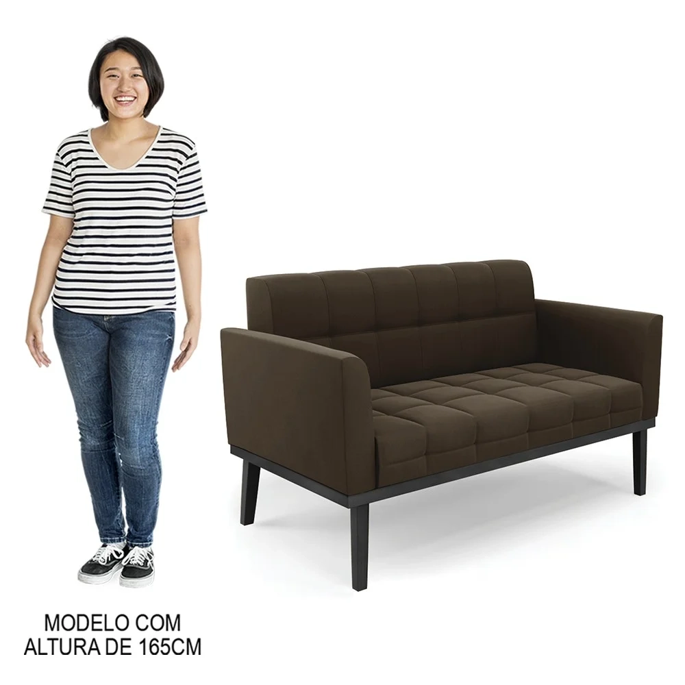 Sofá Namoradeira e 2 Poltronas Base Madeira Preto Ana Suede Marrom - Ibiza