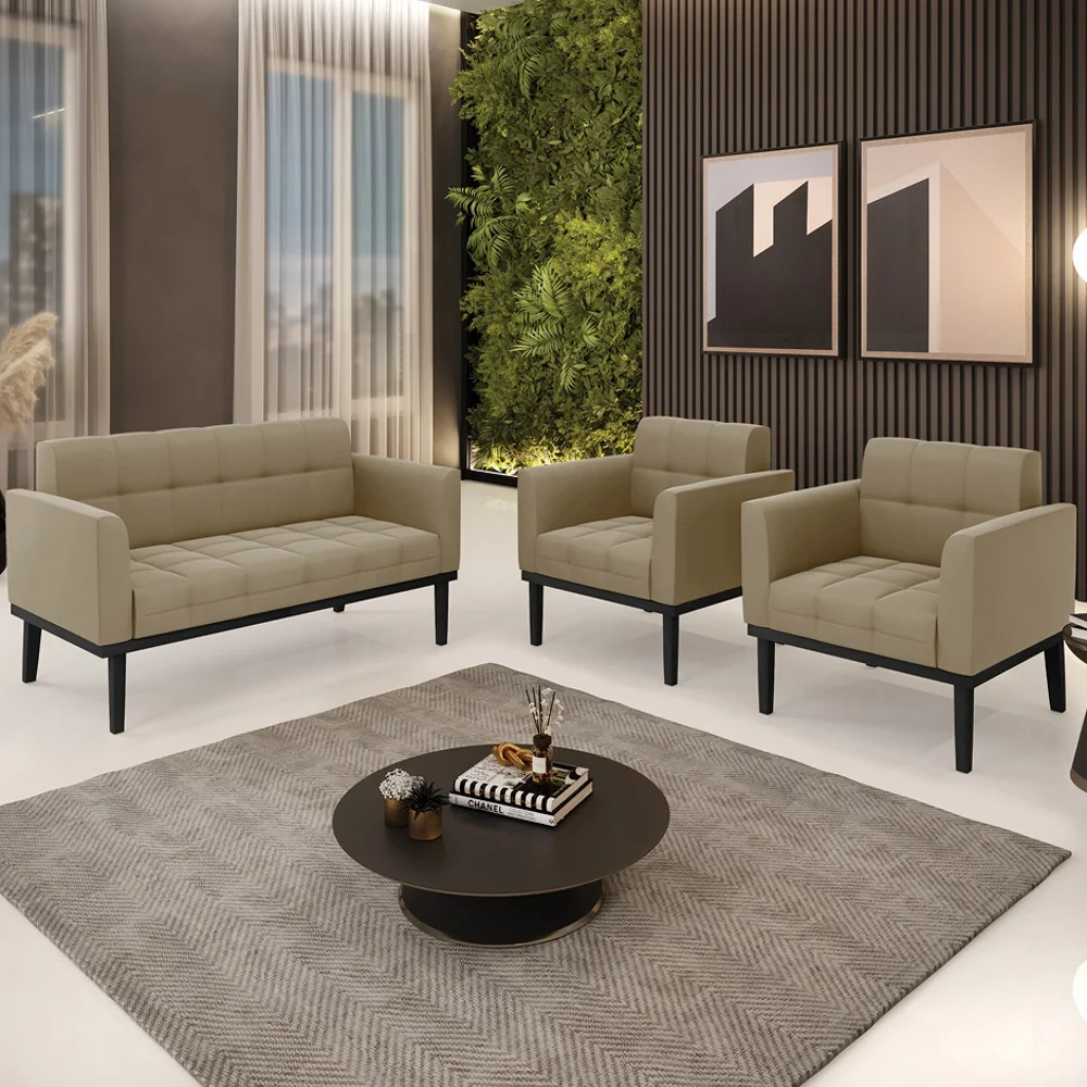 Sofá Namoradeira e 2 Poltronas Base Madeira Preto Ana Suede Marrom RT - Ibiza