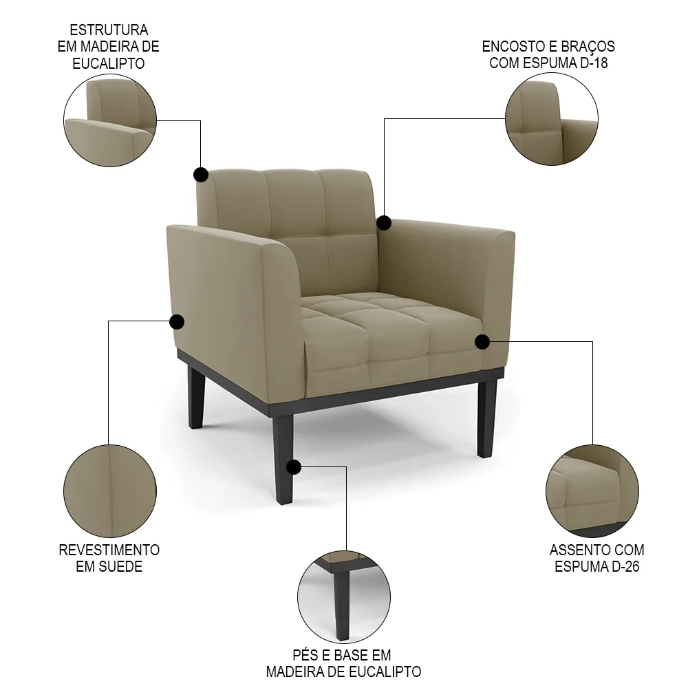 Sofá Namoradeira e 2 Poltronas Base Madeira Preto Ana Suede Marrom RT - Ibiza