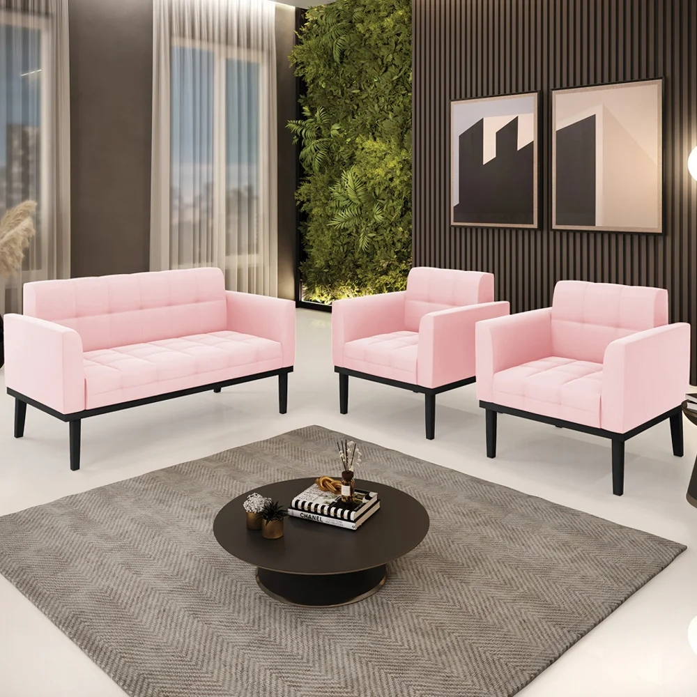 Sofá Namoradeira e 2 Poltronas Base Madeira Preto Ana Suede Rosa Bebê - Ibiza