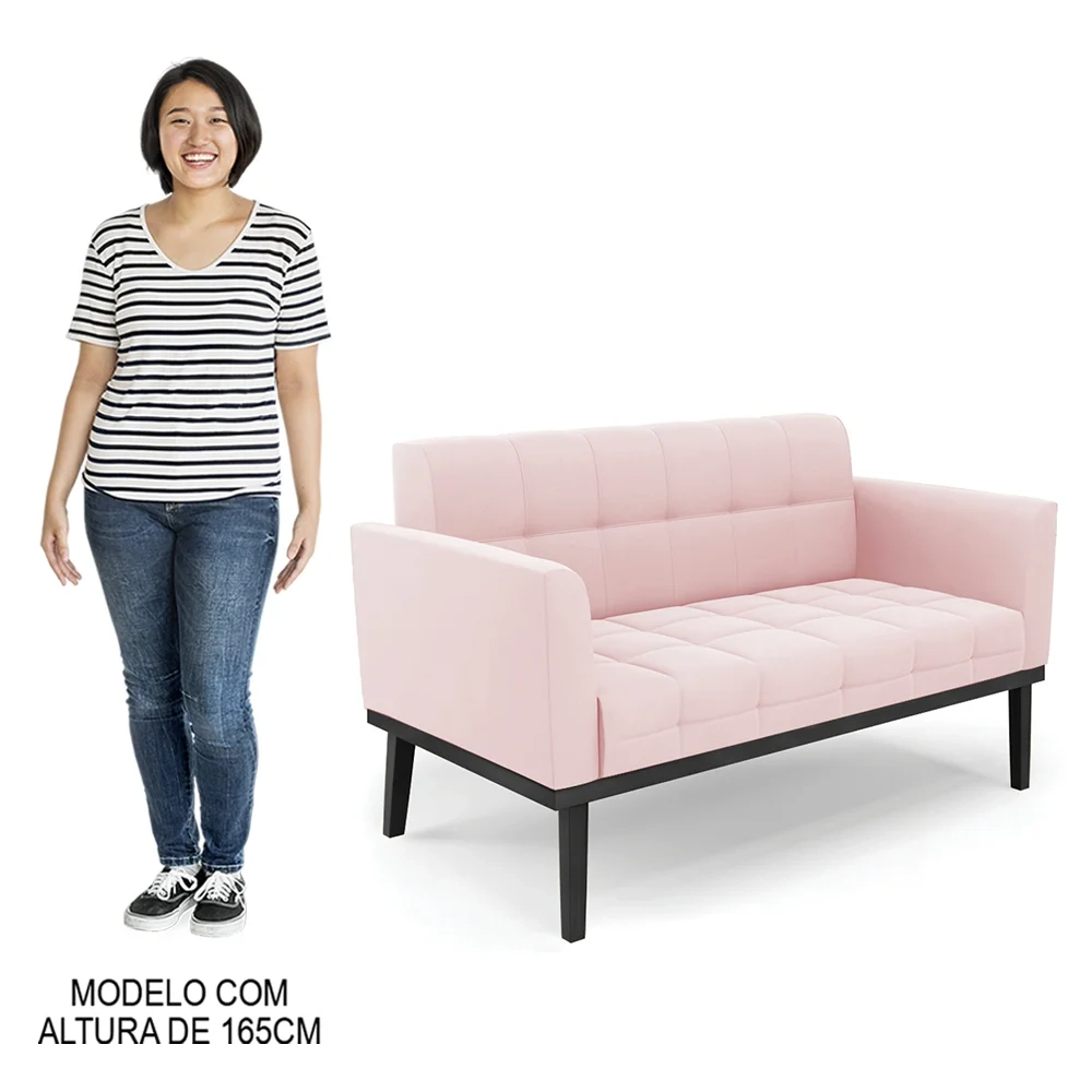 Sofá Namoradeira e 2 Poltronas Base Madeira Preto Ana Suede Rosa Bebê - Ibiza