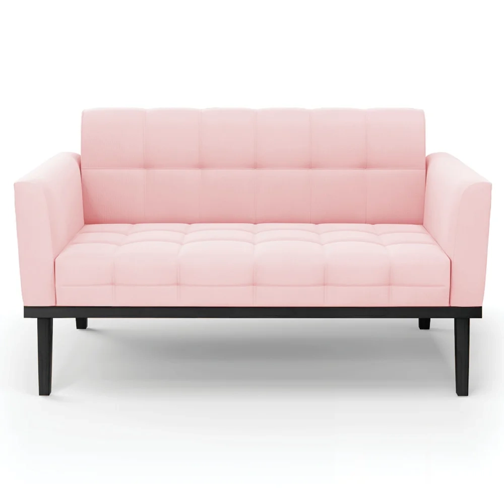 Sofá Namoradeira e 2 Poltronas Base Madeira Preto Ana Suede Rosa Bebê - Ibiza