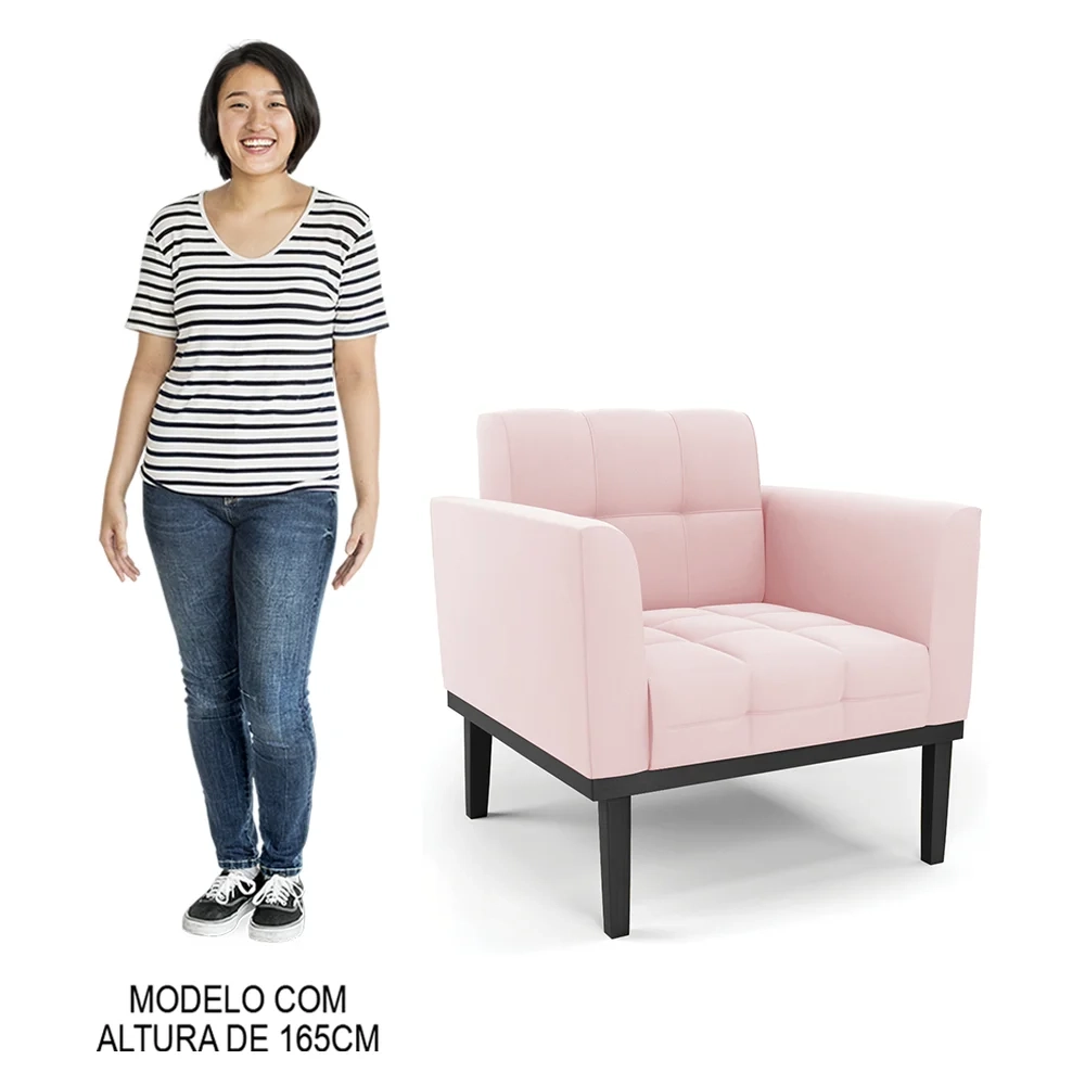 Sofá Namoradeira e 2 Poltronas Base Madeira Preto Ana Suede Rosa Bebê - Ibiza