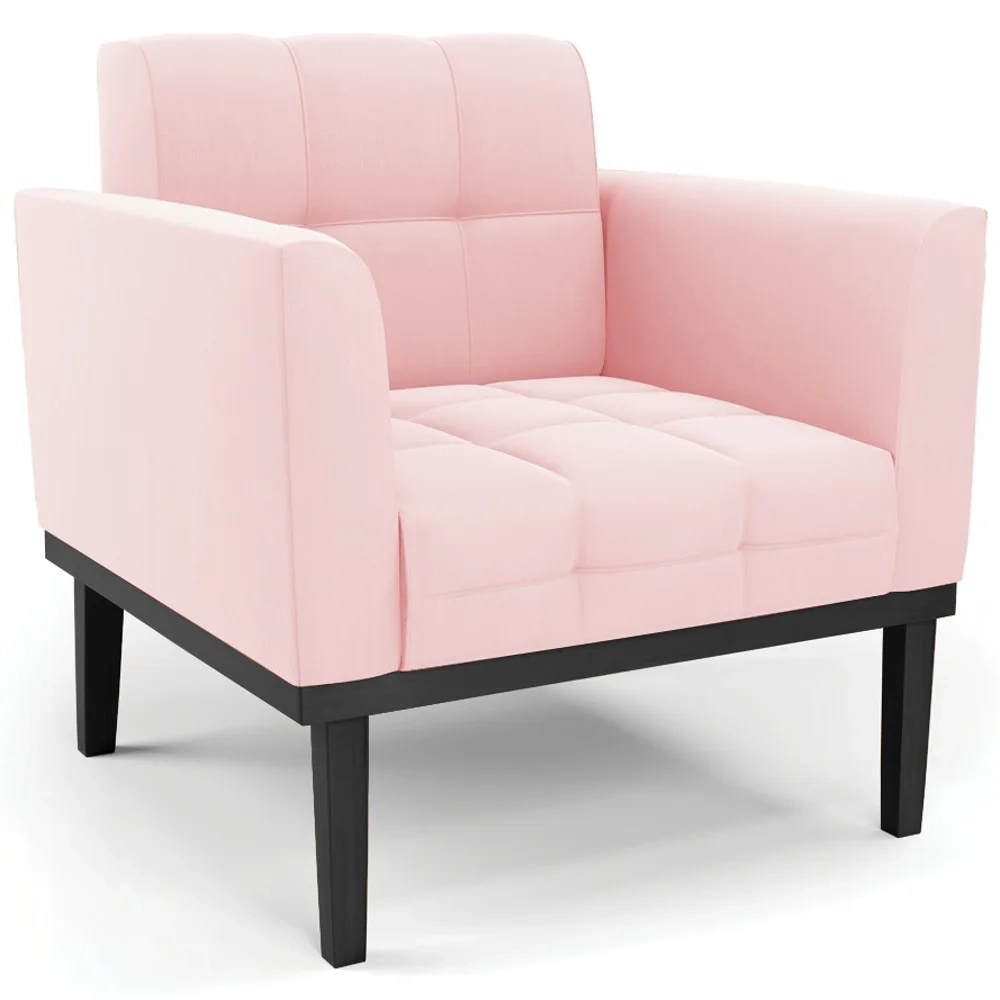 Sofá Namoradeira e 2 Poltronas Base Madeira Preto Ana Suede Rosa Bebê - Ibiza