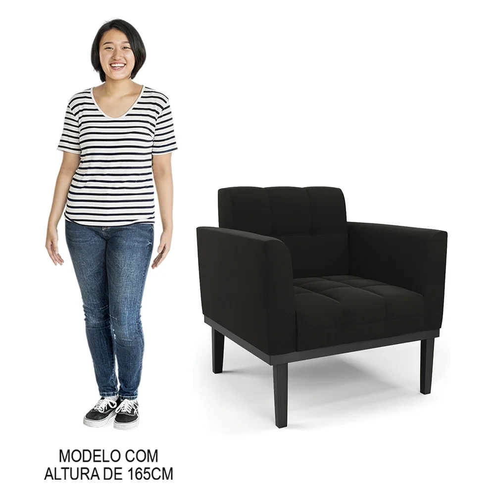 Sofá Namoradeira e 2 Poltronas Base Madeira Preto Ana Suede Preto - Ibiza