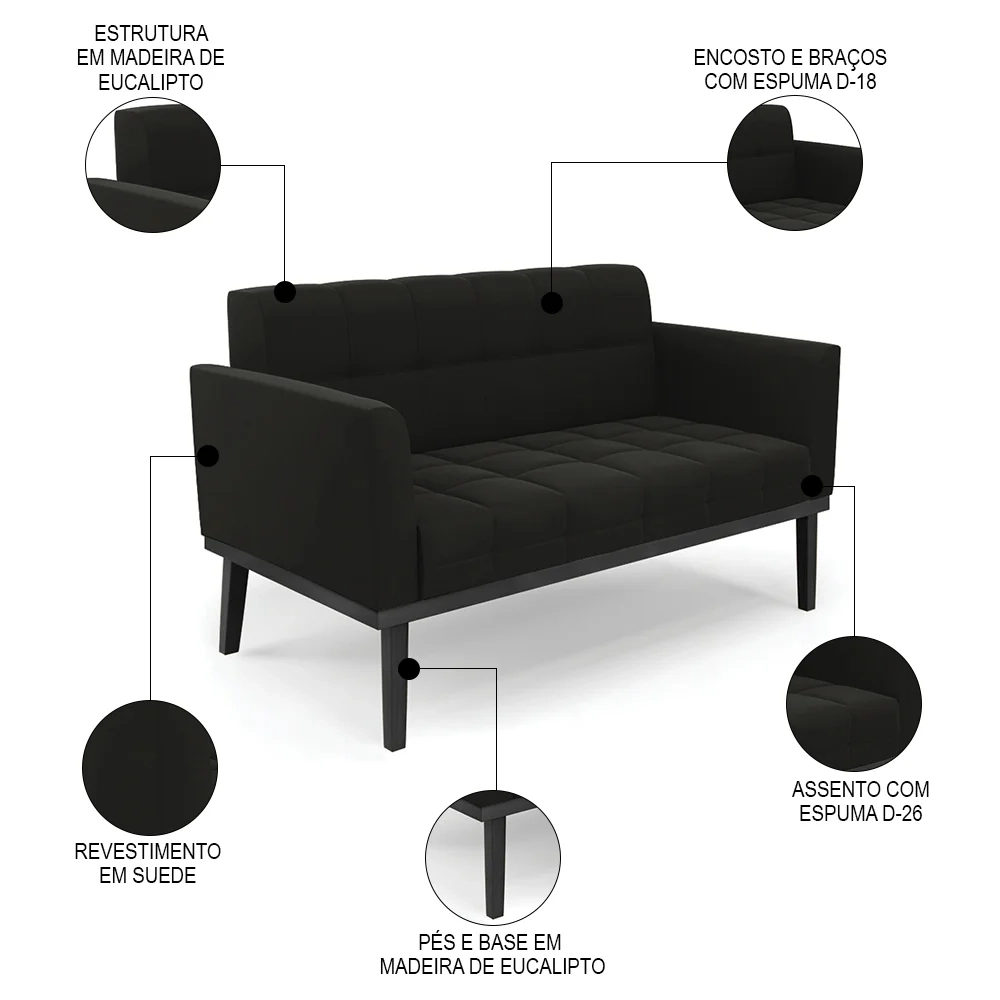 Sofá Namoradeira e 2 Poltronas Base Madeira Preto Ana Suede Preto - Ibiza