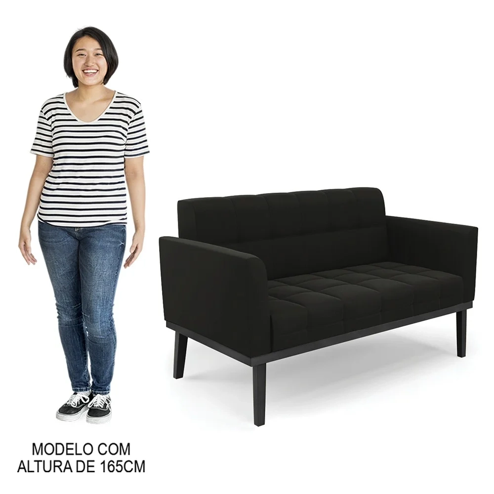 Sofá Namoradeira e 2 Poltronas Base Madeira Preto Ana Suede Preto - Ibiza