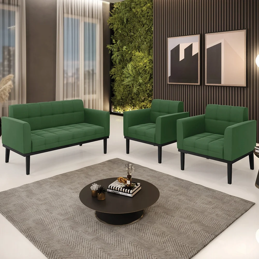 Sofá Namoradeira e 2 Poltronas Base Madeira Preto Ana Suede Verde - Ibiza