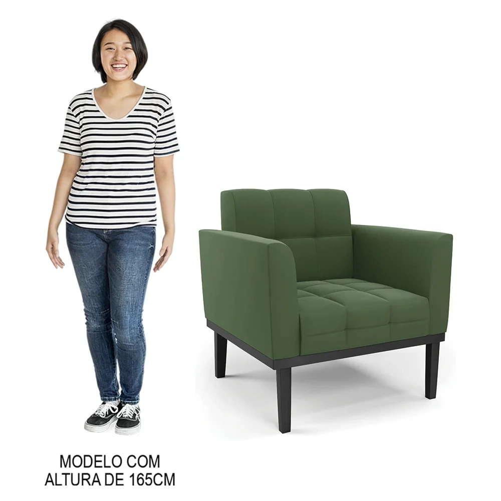 Sofá Namoradeira e 2 Poltronas Base Madeira Preto Ana Suede Verde - Ibiza