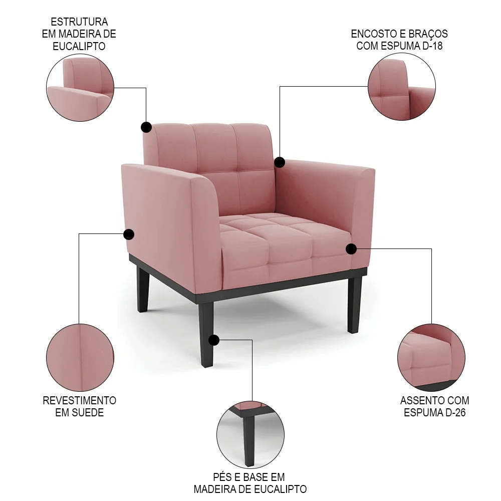 Sofá Namoradeira e 2 Poltronas Base Madeira Preto Ana Suede Rosê - Ibiza