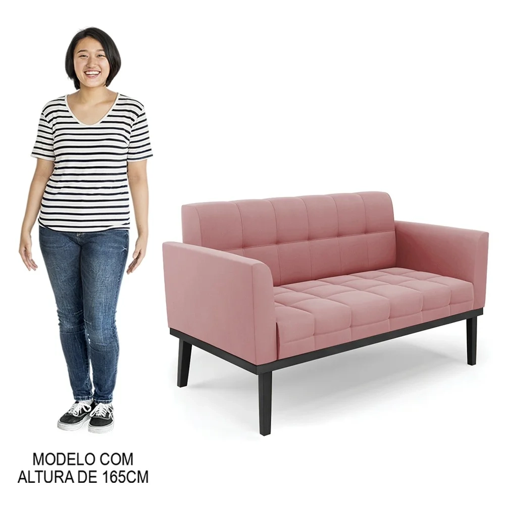 Sofá Namoradeira e 2 Poltronas Base Madeira Preto Ana Suede Rosê - Ibiza