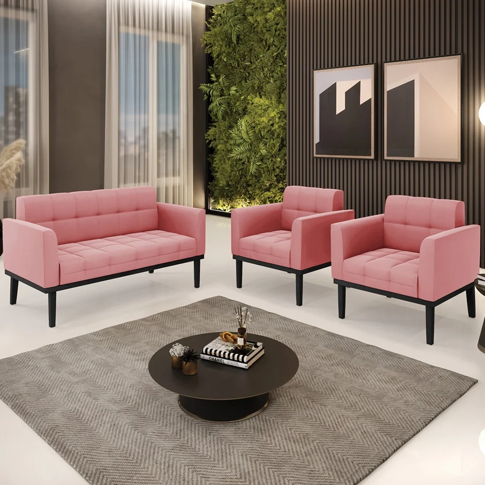 Sofá Namoradeira e 2 Poltronas Base Madeira Preto Ana Suede Rosê - Ibiza