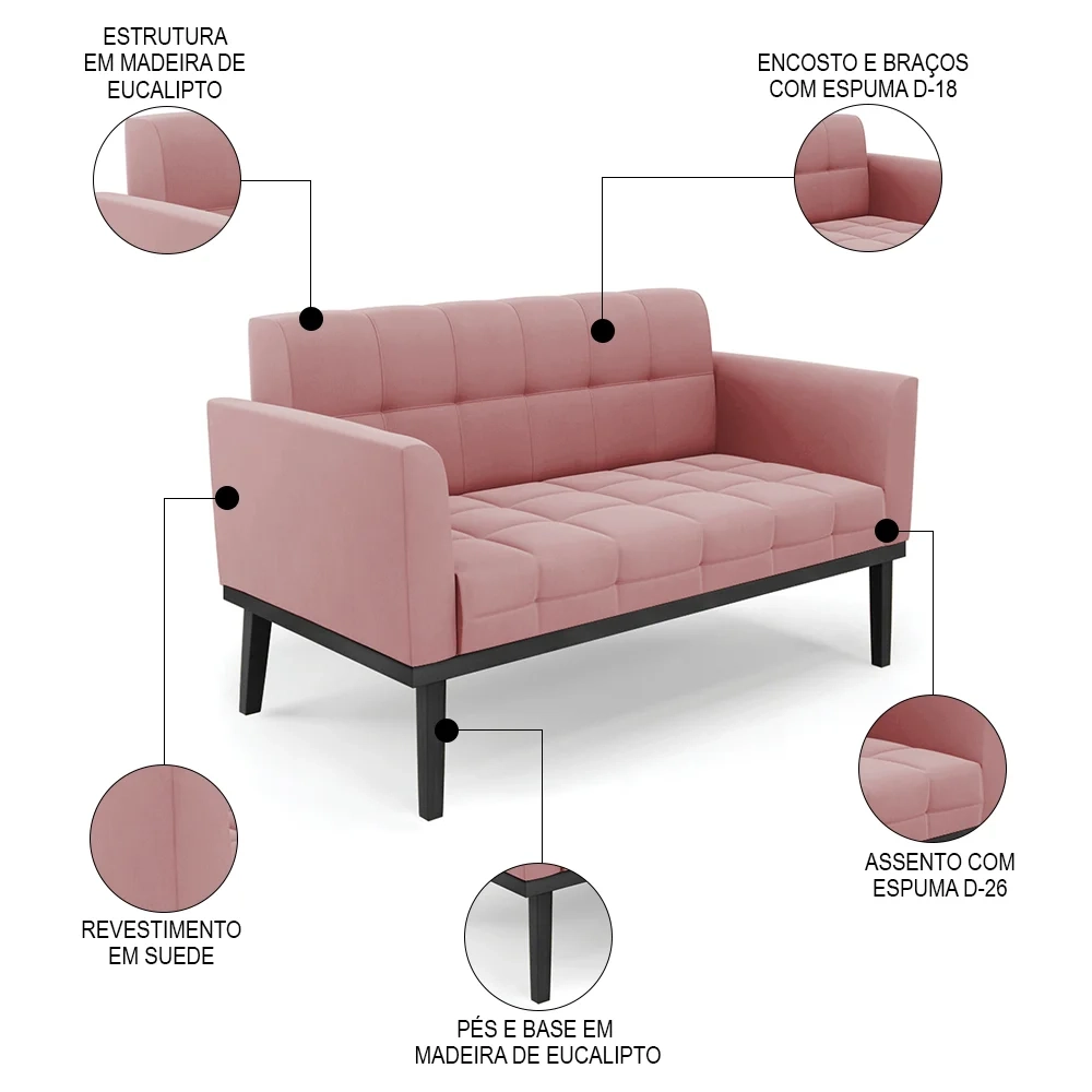 Sofá Namoradeira e 2 Poltronas Base Madeira Preto Ana Suede Rosê - Ibiza