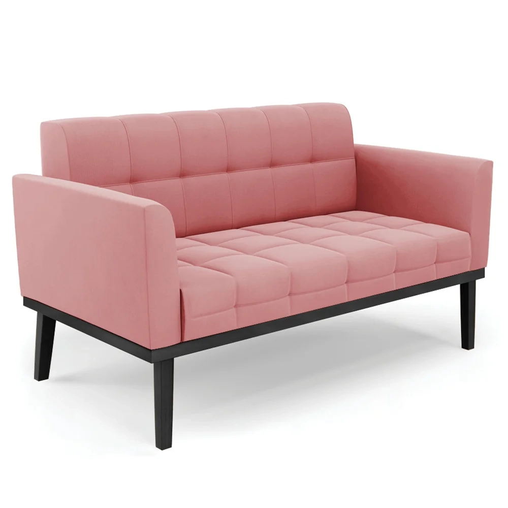 Sofá Namoradeira e 2 Poltronas Base Madeira Preto Ana Suede Rosê - Ibiza