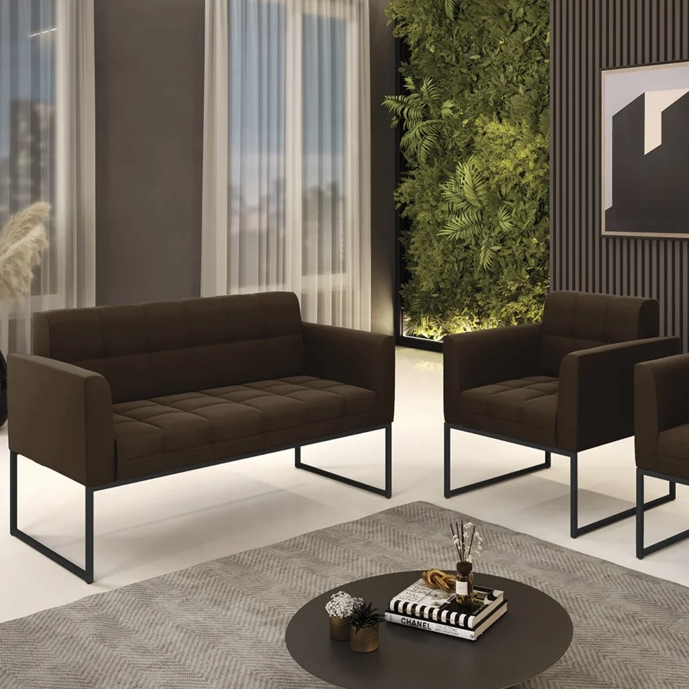 Sofá Namoradeira e 1 Poltrona Base Industrial Preto Ana Suede Marrom - Ibiza