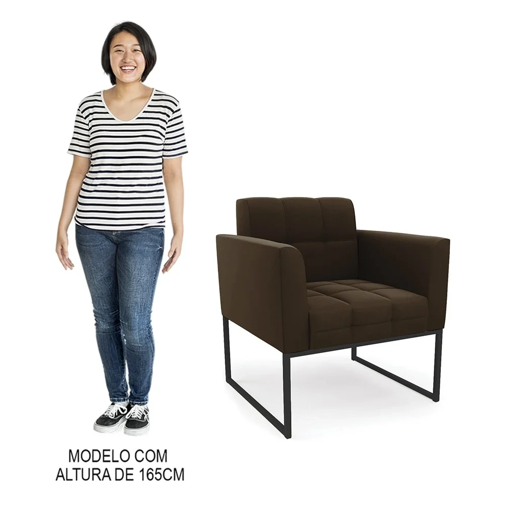 Sofá Namoradeira e 1 Poltrona Base Industrial Preto Ana Suede Marrom - Ibiza