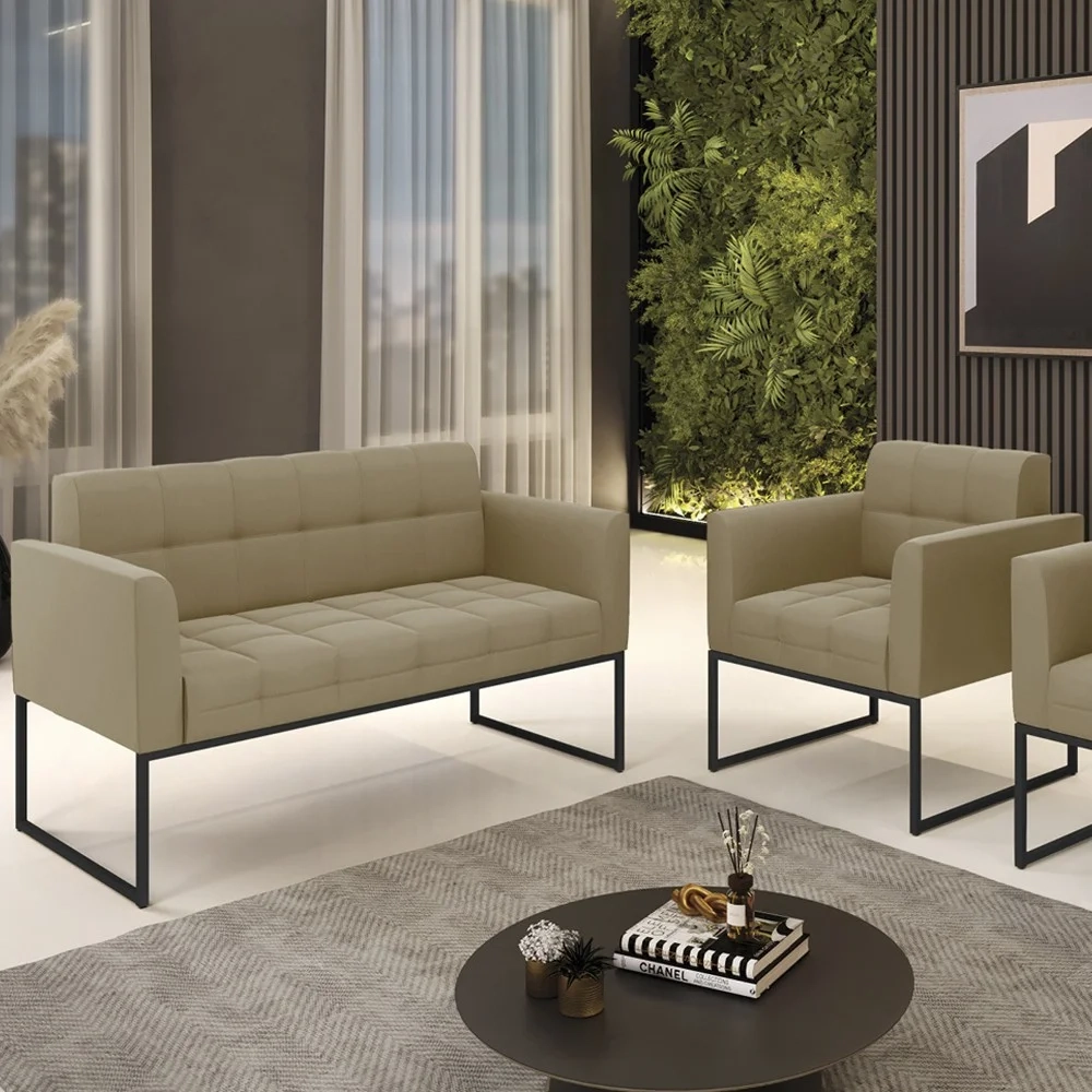 Sofá Namoradeira e 1 Poltrona Base Industrial Preto Ana Suede Marrom RT - Ibiza