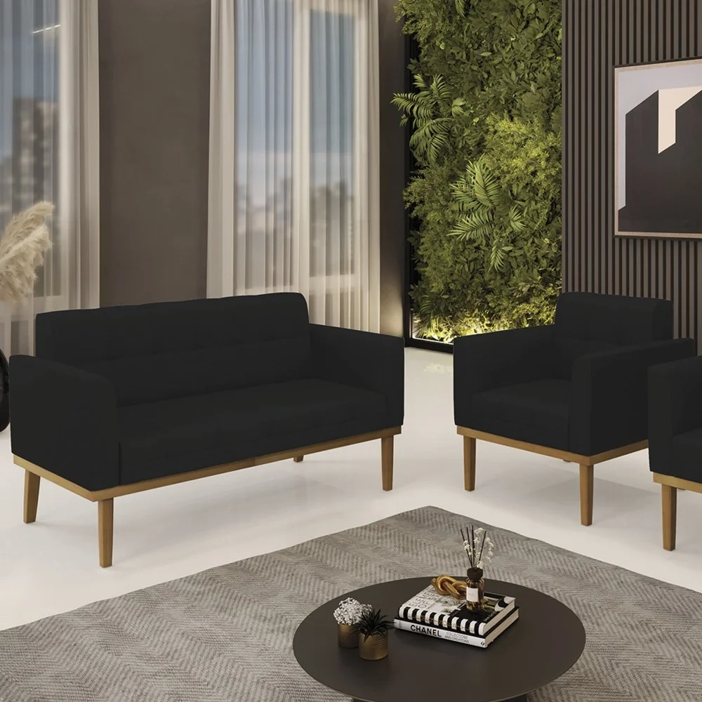 Sofá Namoradeira e 1 Poltrona Base Madeira Castanho Ana Linho Preto - Ibiza