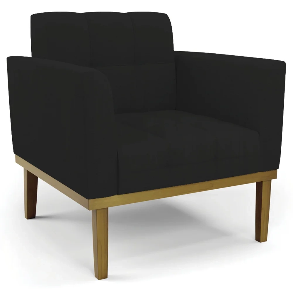 Sofá Namoradeira e 1 Poltrona Base Madeira Castanho Ana Linho Preto - Ibiza