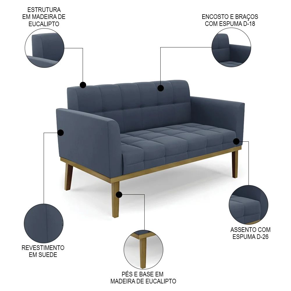 Sofá Namoradeira e 1 Poltrona Base Madeira Castanho Ana Suede Azul Marinho - Ibiza