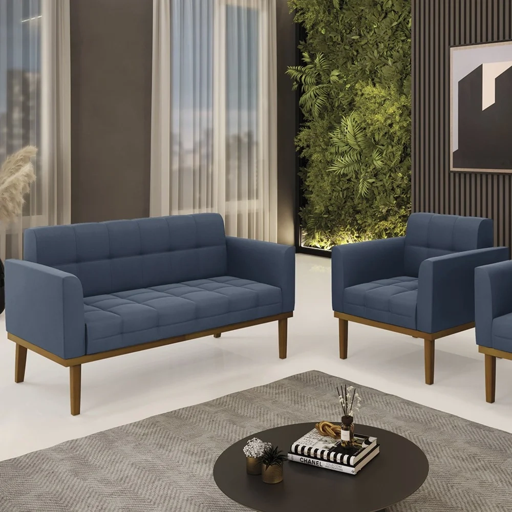 Sofá Namoradeira e 1 Poltrona Base Madeira Castanho Ana Suede Azul Marinho - Ibiza