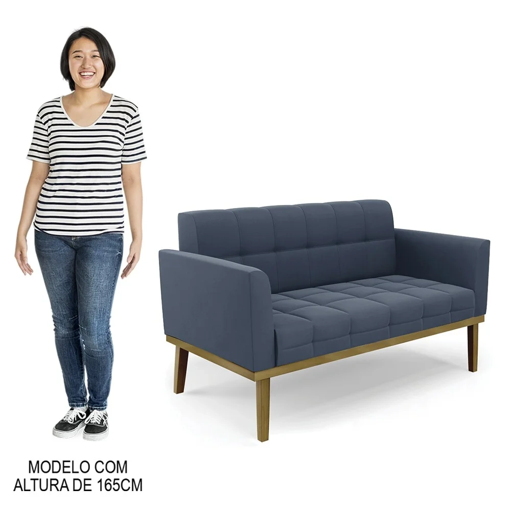 Sofá Namoradeira e 1 Poltrona Base Madeira Castanho Ana Suede Azul Marinho - Ibiza