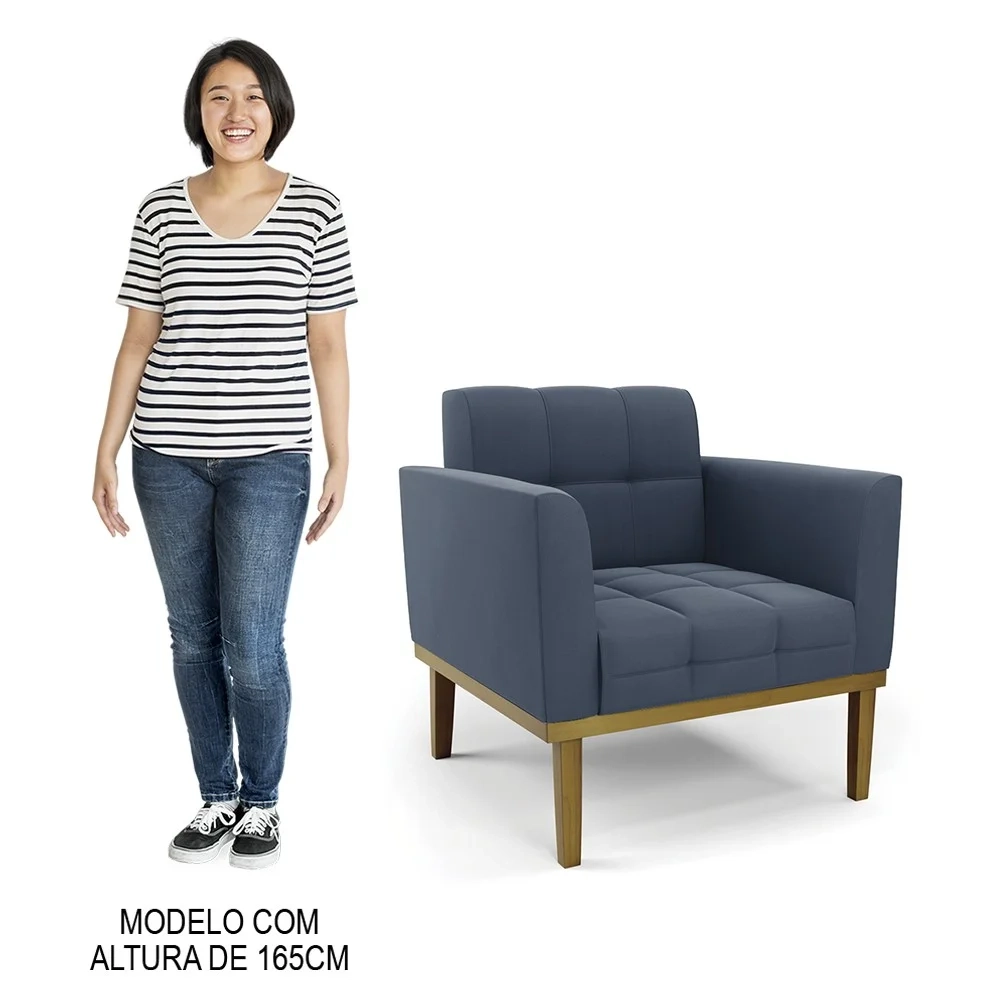 Sofá Namoradeira e 1 Poltrona Base Madeira Castanho Ana Suede Azul Marinho - Ibiza
