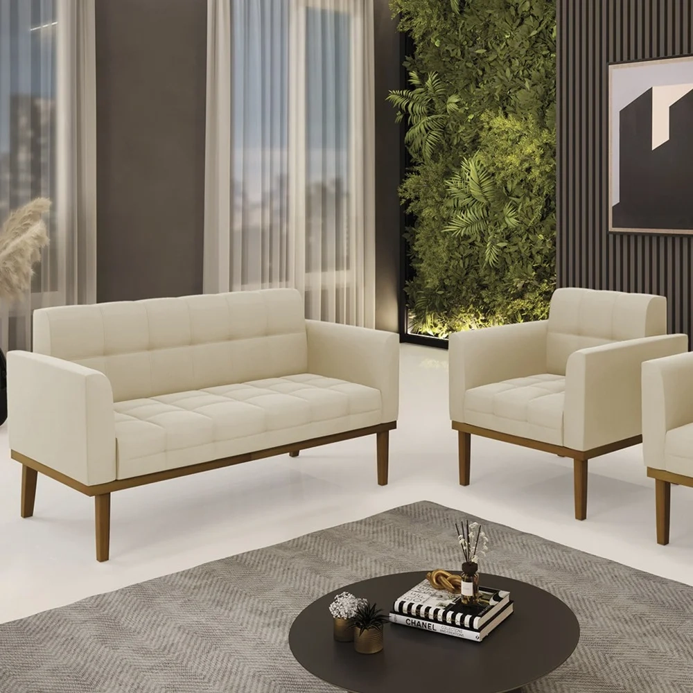 Sofá Namoradeira e 1 Poltrona Base Madeira Castanho Ana Suede Bege - Ibiza