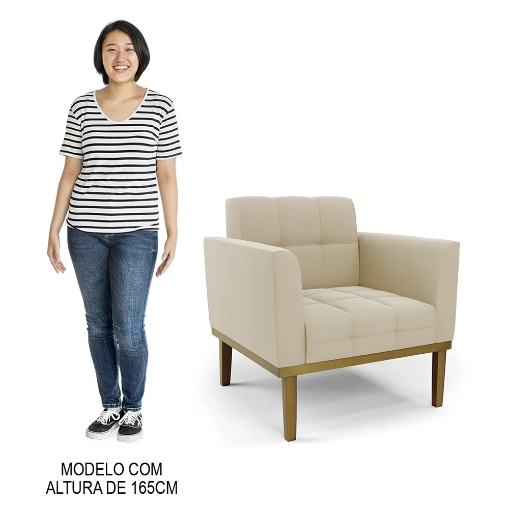 Sofá Namoradeira e 1 Poltrona Base Madeira Castanho Ana Suede Bege - Ibiza