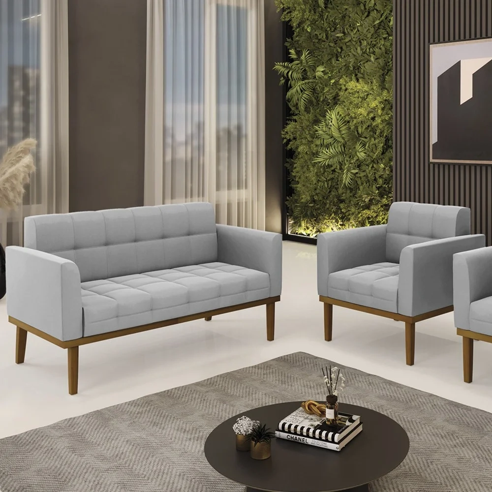 Sofá Namoradeira e 1 Poltrona Base Madeira Castanho Ana Suede Cinza - Ibiza