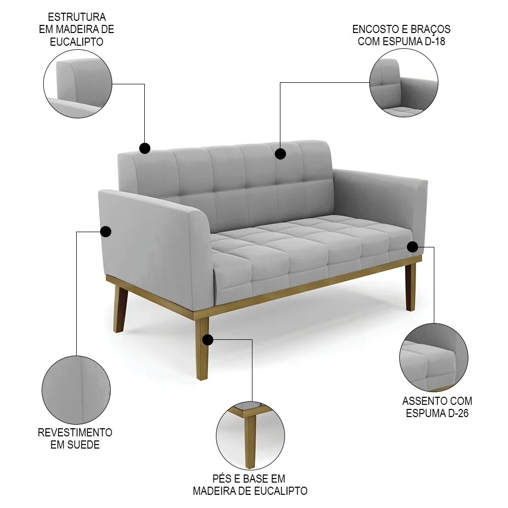 Sofá Namoradeira e 1 Poltrona Base Madeira Castanho Ana Suede Cinza - Ibiza