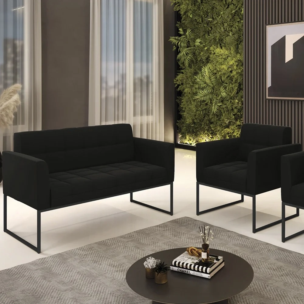 Sofá Namoradeira e 1 Poltrona Base Industrial Preto Ana Suede Preto - Ibiza