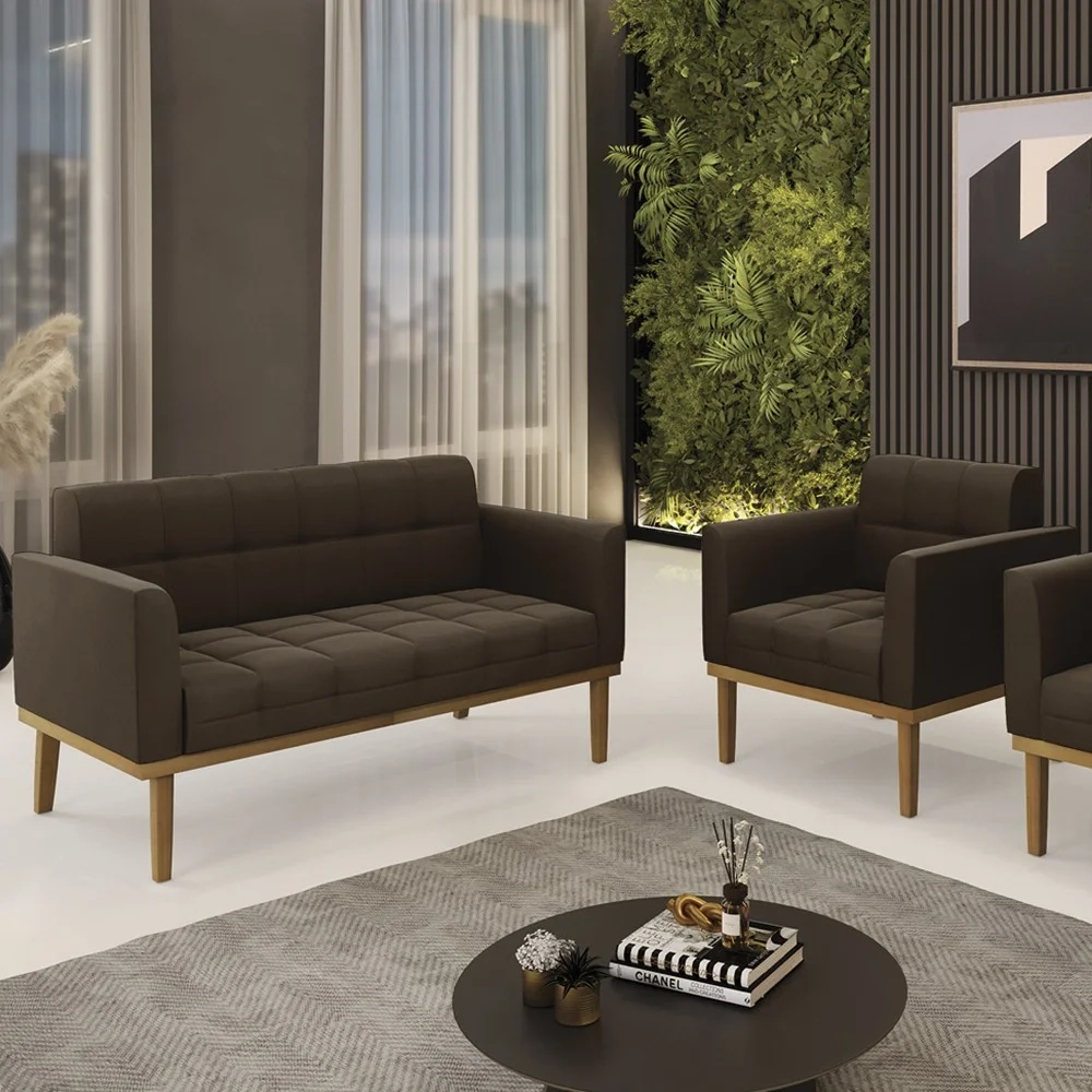 Sofá Namoradeira e 1 Poltrona Base Madeira Castanho Ana Suede Marrom - Ibiza