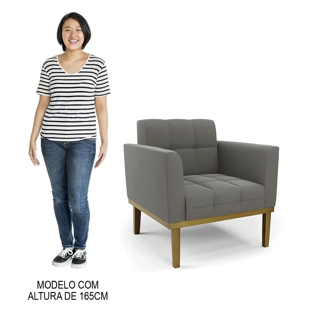 Sofá Namoradeira e 1 Poltrona Base Madeira Castanho Ana Suede Grafite - Ibiza