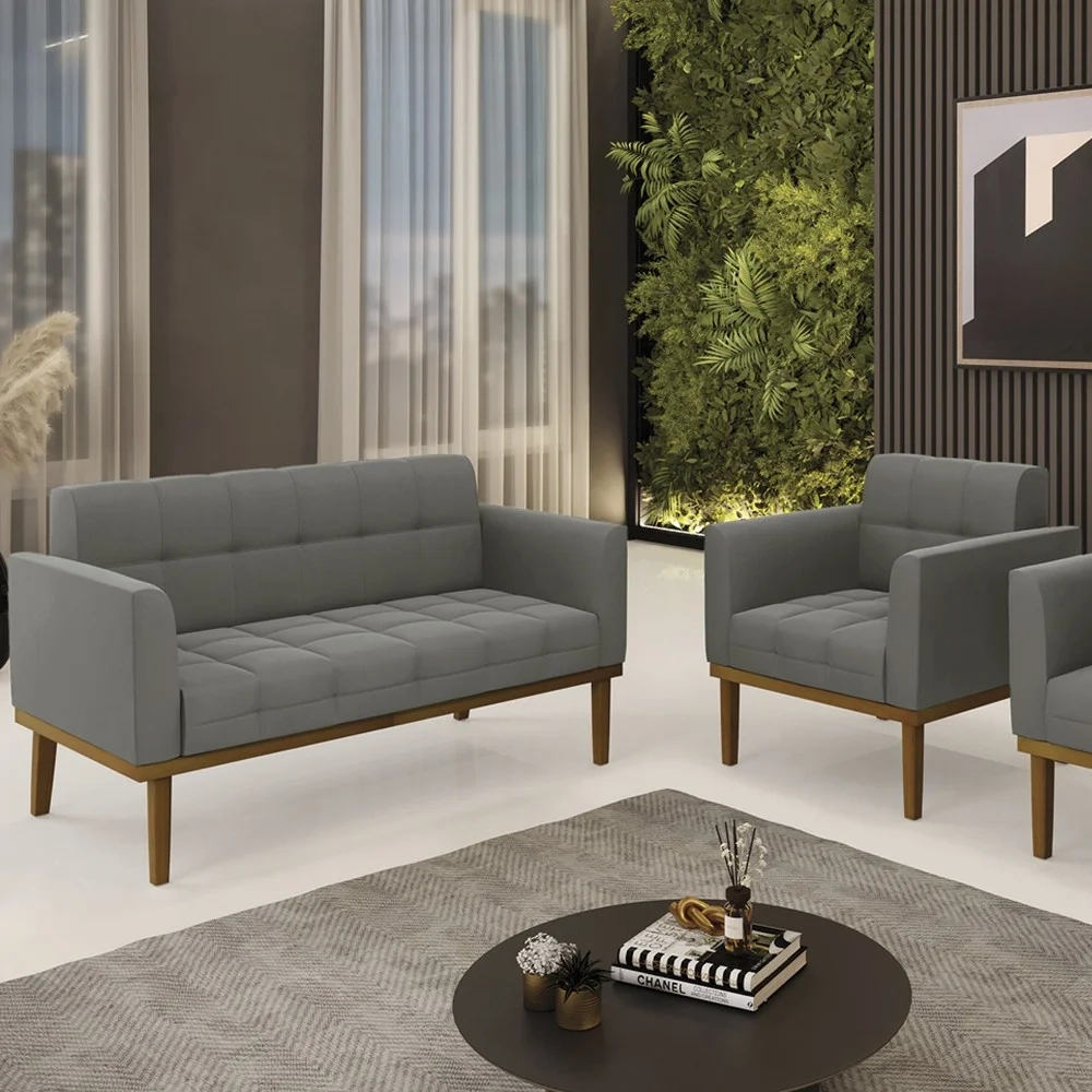 Sofá Namoradeira e 1 Poltrona Base Madeira Castanho Ana Suede Grafite - Ibiza