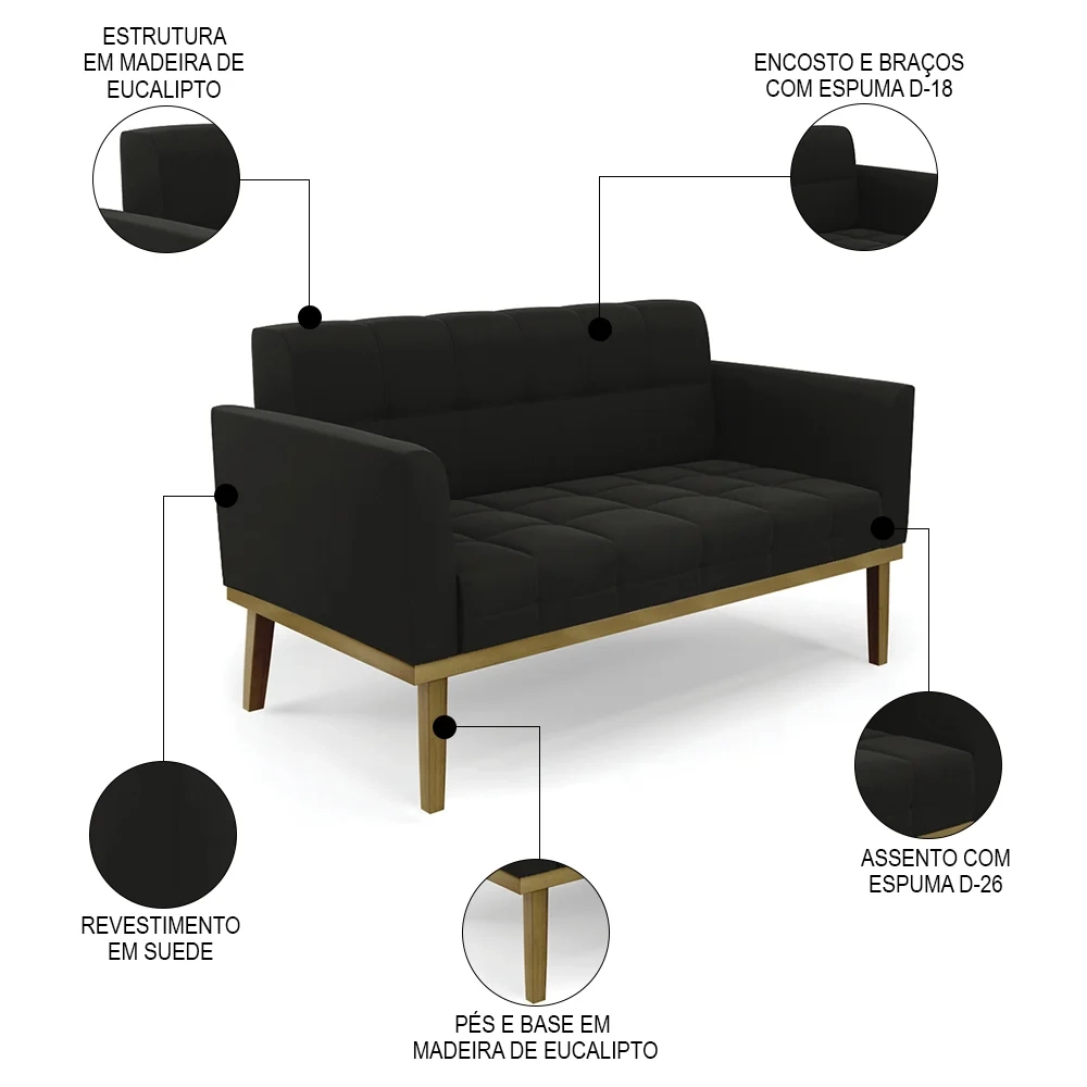 Sofá Namoradeira e 1 Poltrona Base Madeira Castanho Ana Suede Preto - Ibiza