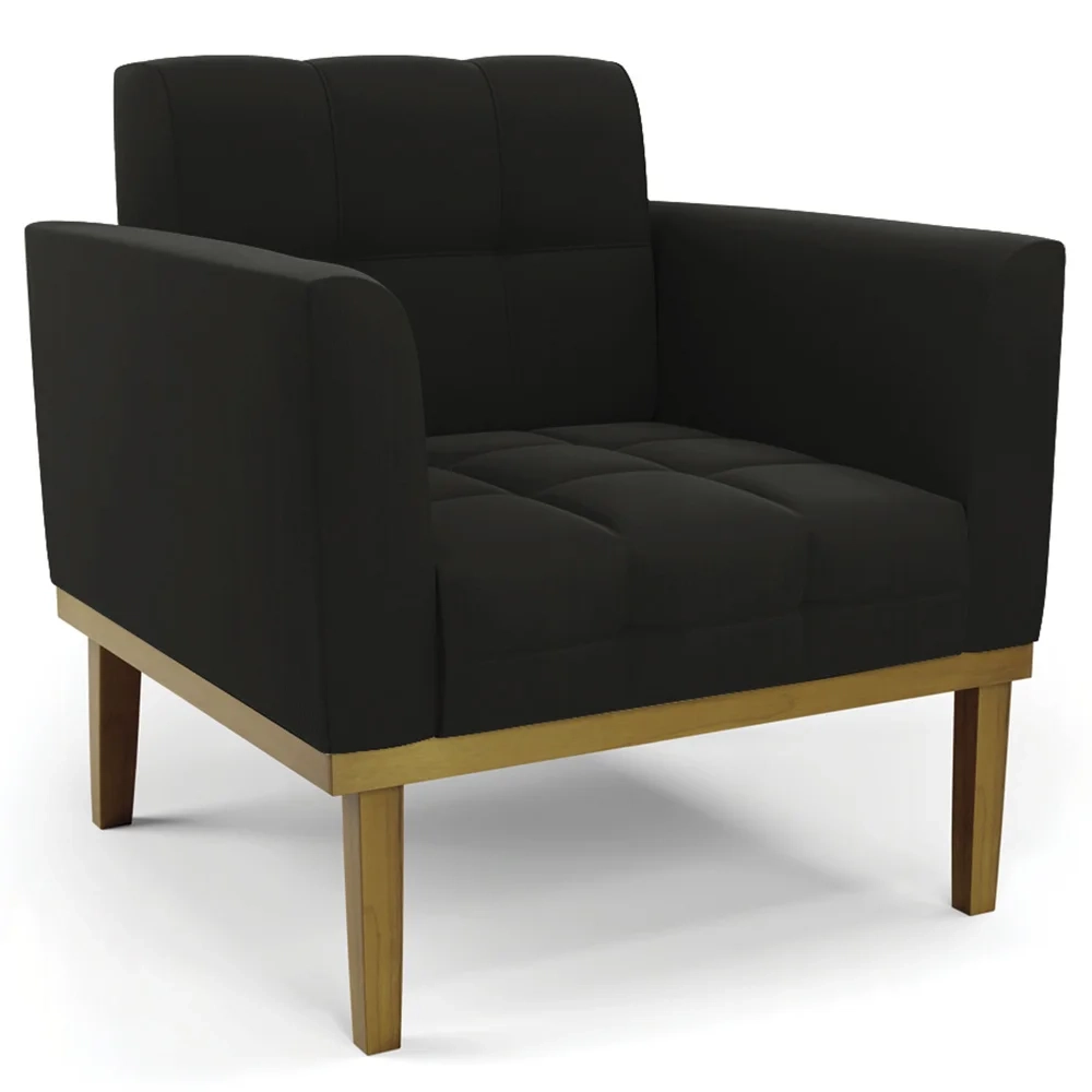 Sofá Namoradeira e 1 Poltrona Base Madeira Castanho Ana Suede Preto - Ibiza