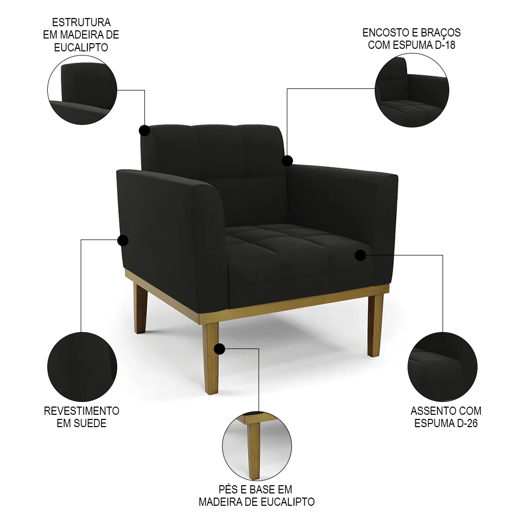 Sofá Namoradeira e 1 Poltrona Base Madeira Castanho Ana Suede Preto - Ibiza