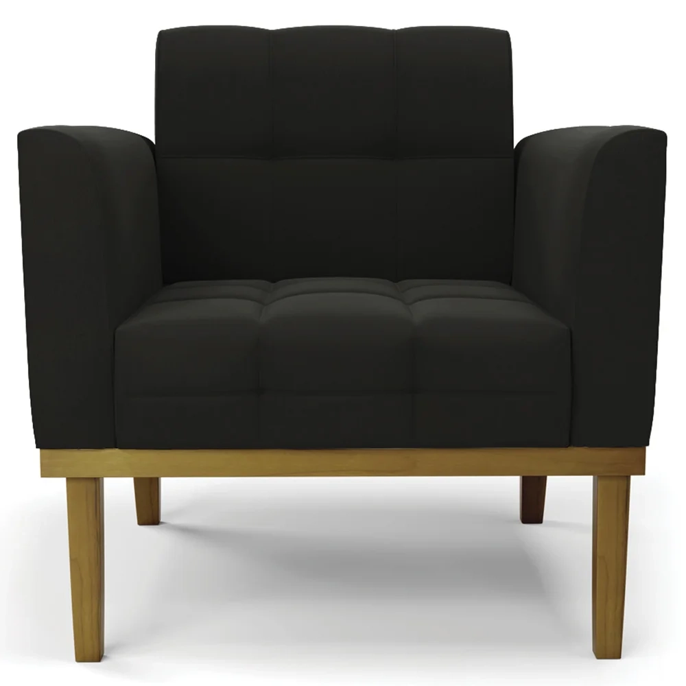 Sofá Namoradeira e 1 Poltrona Base Madeira Castanho Ana Suede Preto - Ibiza