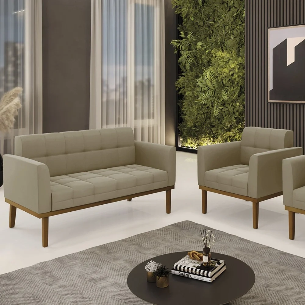 Sofá Namoradeira e 1 Poltrona Base Madeira Castanho Ana Suede Marrom RT - Ibiza