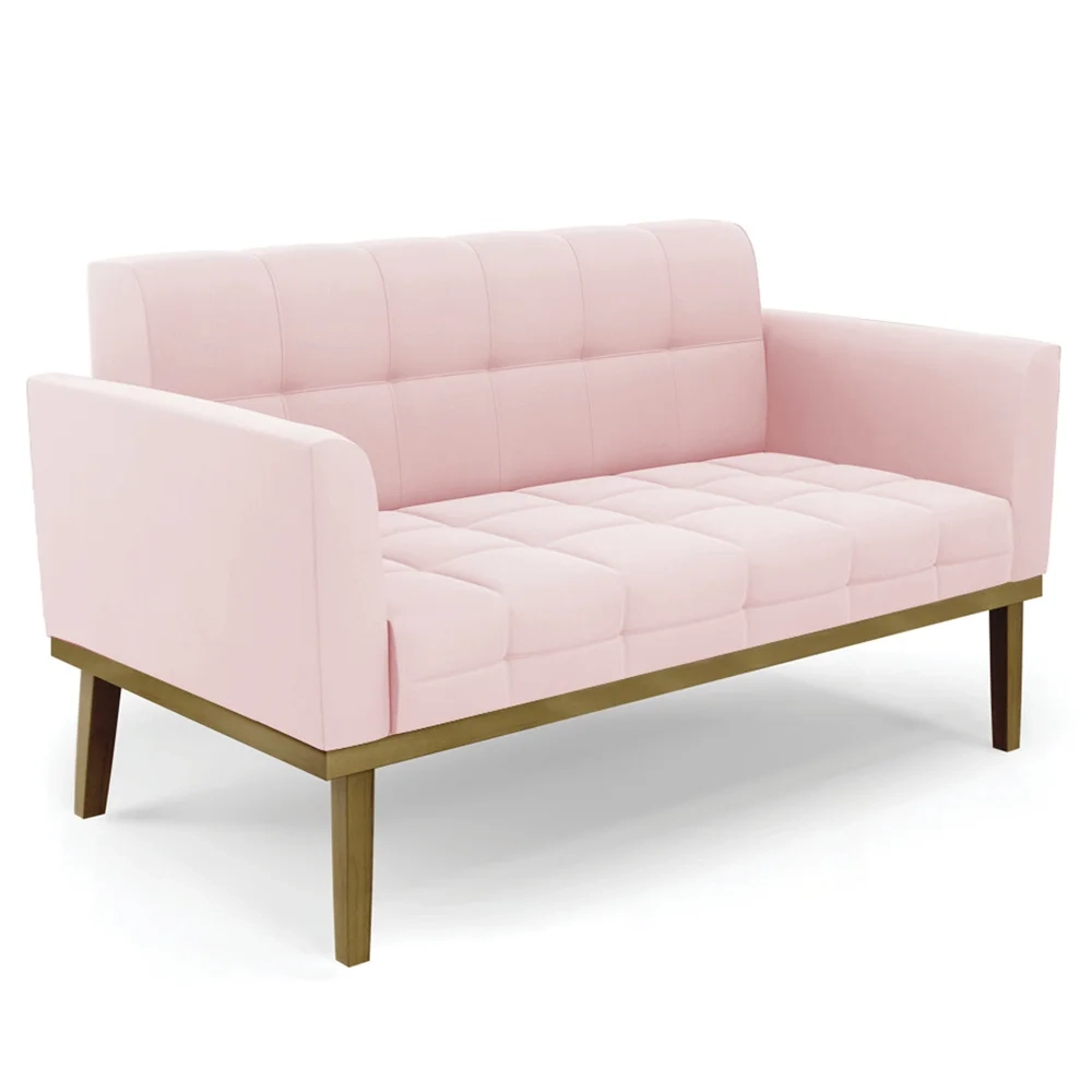 Sofá Namoradeira e 1 Poltrona Base Madeira Castanho Ana Suede Rosa Bebê - Ibiza