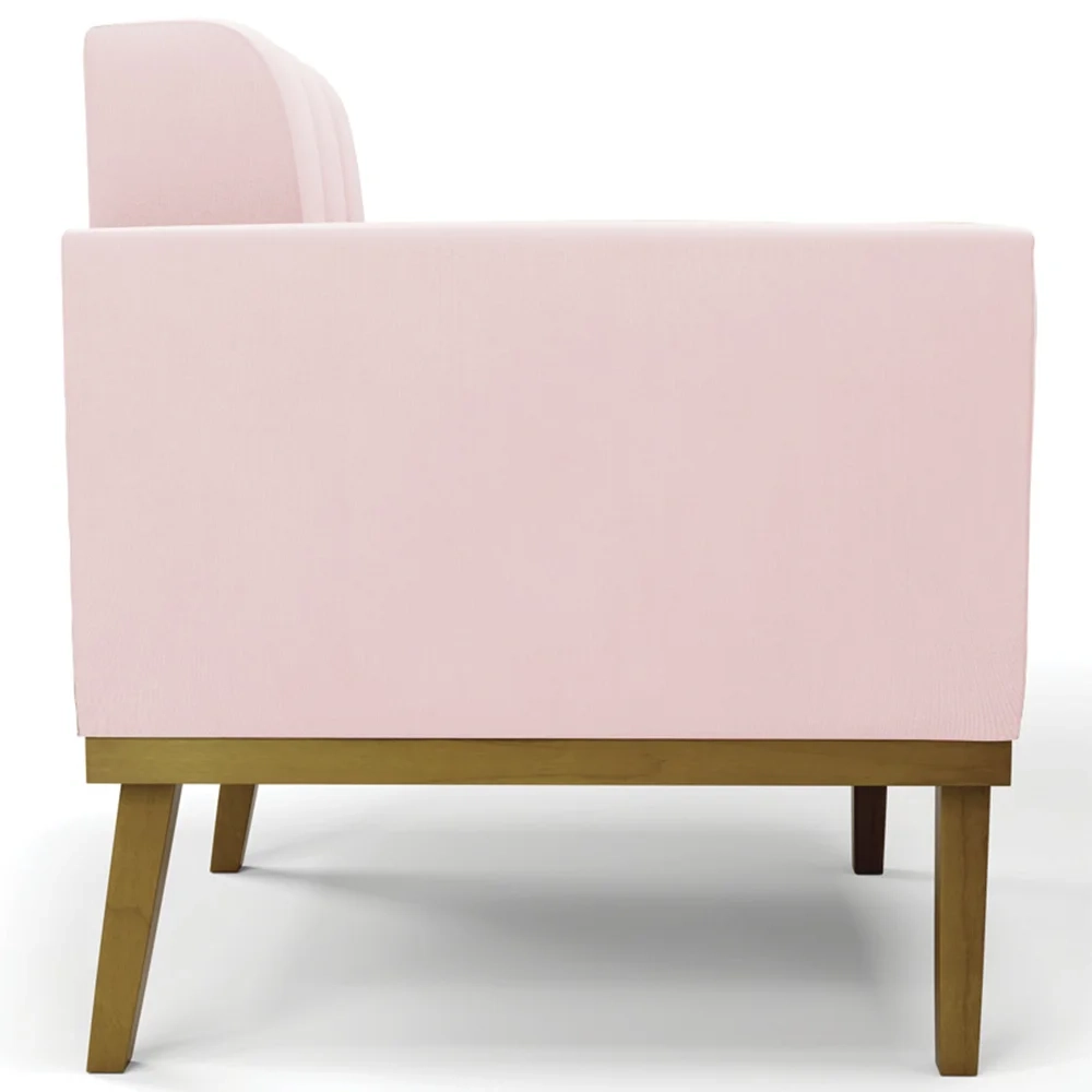 Sofá Namoradeira e 1 Poltrona Base Madeira Castanho Ana Suede Rosa Bebê - Ibiza