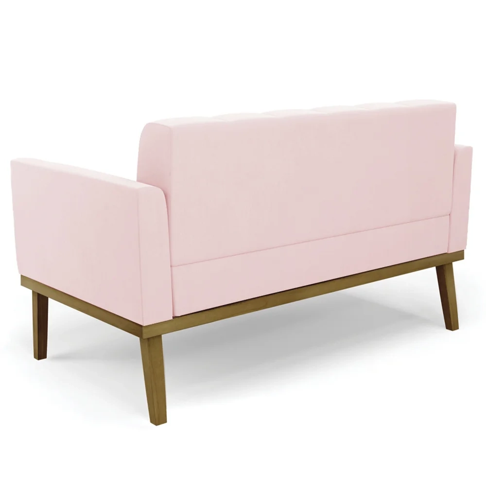 Sofá Namoradeira e 1 Poltrona Base Madeira Castanho Ana Suede Rosa Bebê - Ibiza