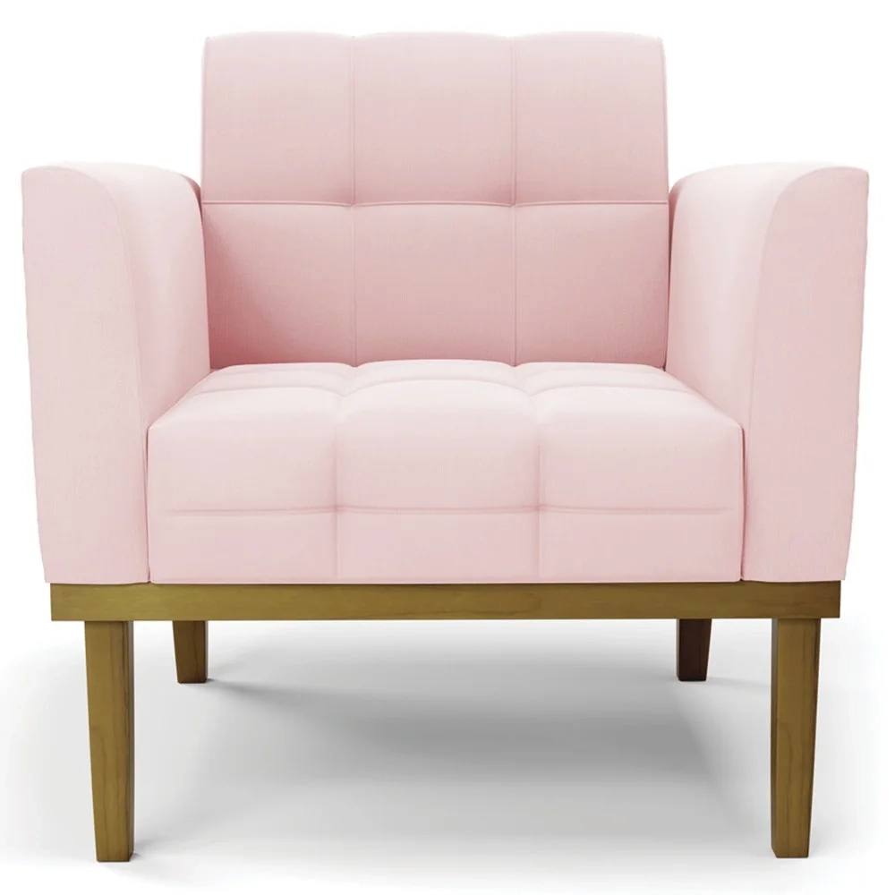 Sofá Namoradeira e 1 Poltrona Base Madeira Castanho Ana Suede Rosa Bebê - Ibiza