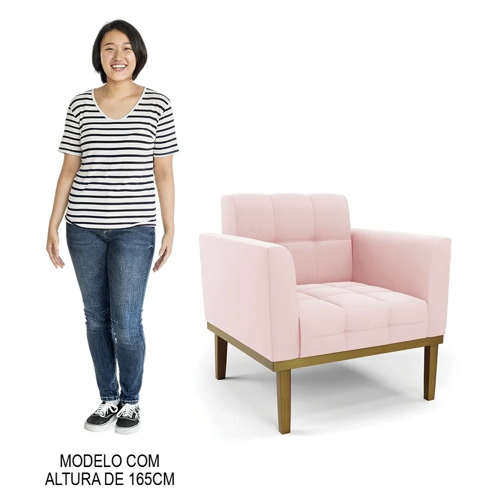Sofá Namoradeira e 1 Poltrona Base Madeira Castanho Ana Suede Rosa Bebê - Ibiza