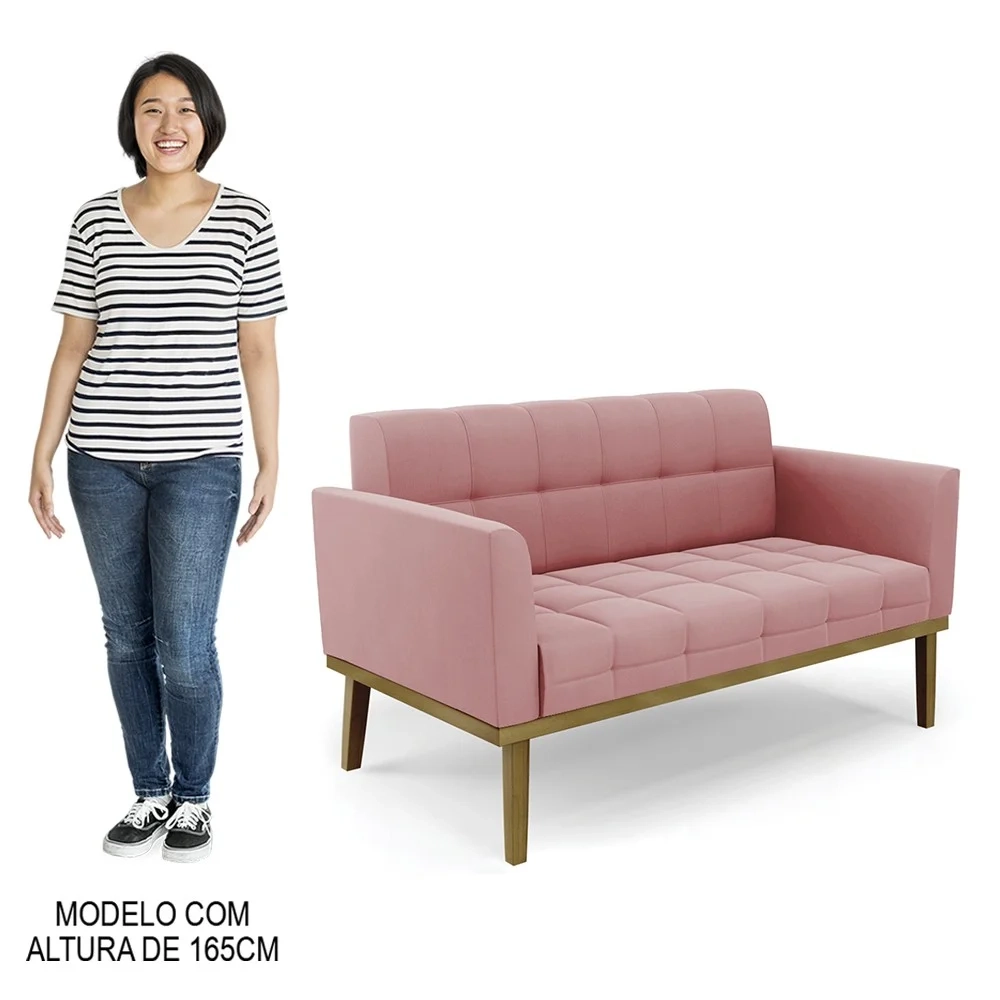 Sofá Namoradeira e 1 Poltrona Base Madeira Castanho Ana Suede Rosê - Ibiza