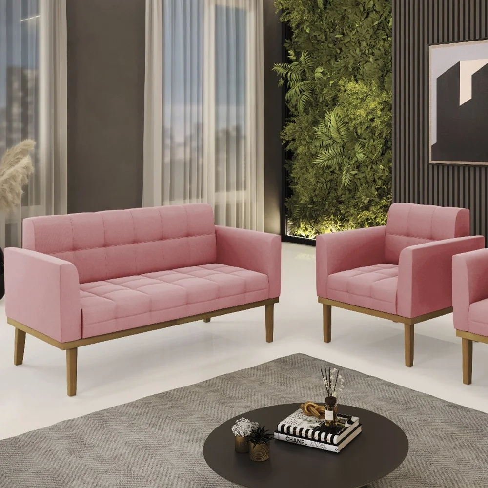 Sofá Namoradeira e 1 Poltrona Base Madeira Castanho Ana Suede Rosê - Ibiza