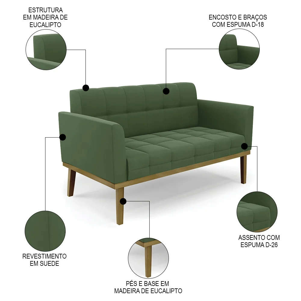 Sofá Namoradeira e 1 Poltrona Base Madeira Castanho Ana Suede Verde - Ibiza